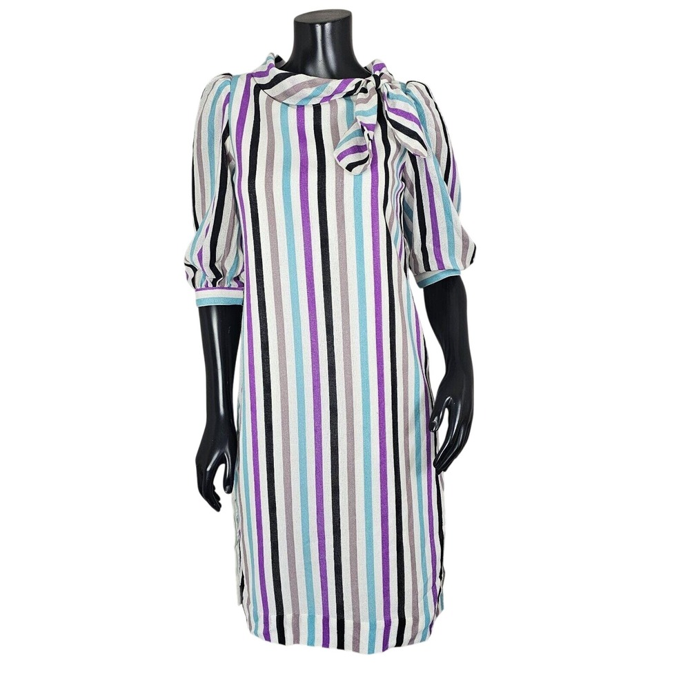 Vintage Handmade Colorful Vertical Striped Linen Half Sleeve Shift‎ Dress